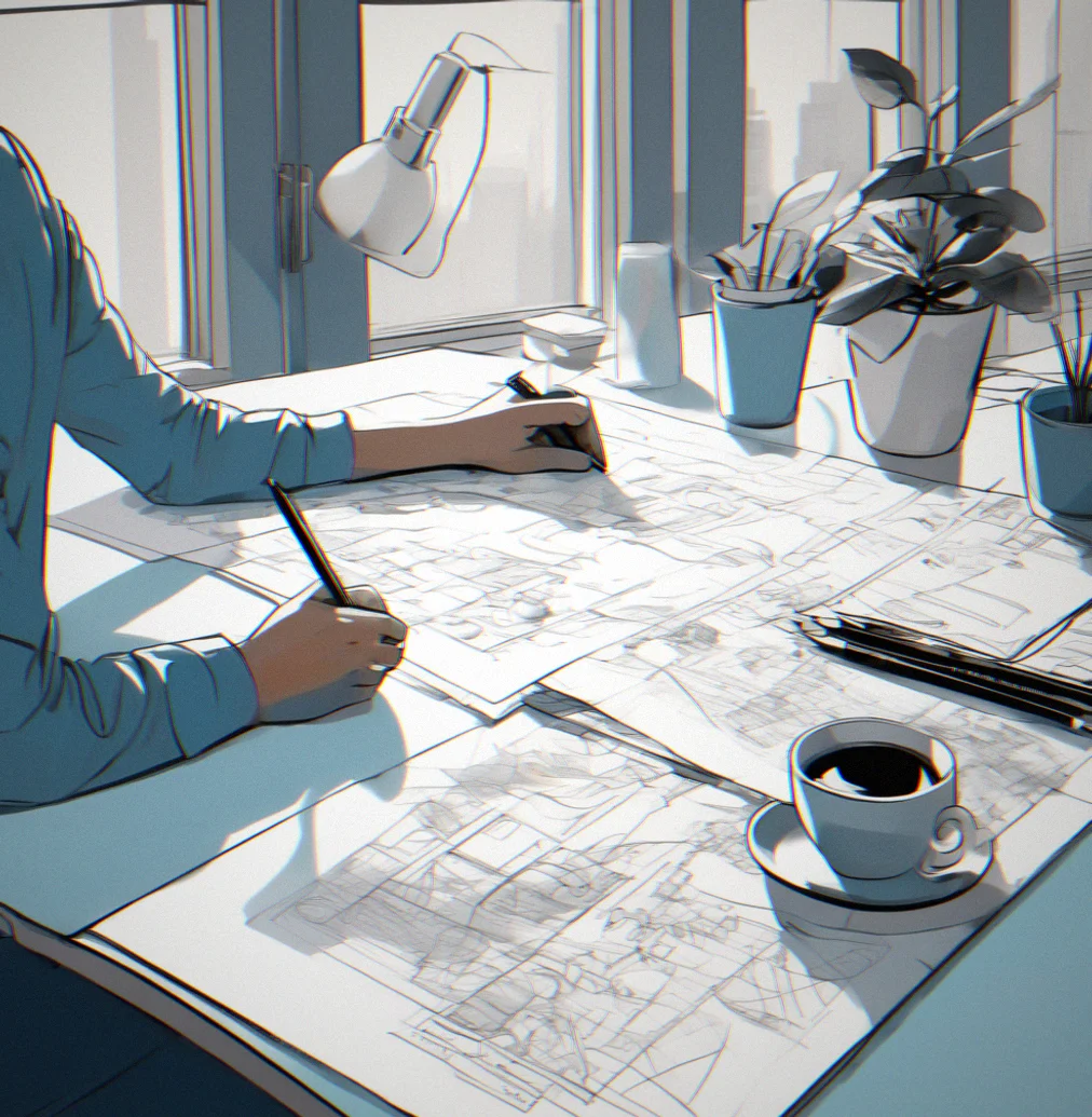 Someone sitting at a clean desk with a coffee cup, sketching out ideas on a brand strategy sheet, pen in hand