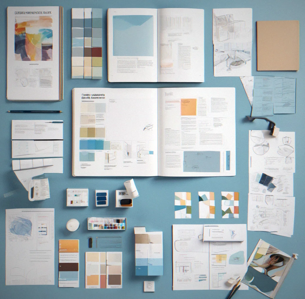 Design desk with printed brand guidelines spread out, showing color swatches and typography hierarchies mixed in with sketches