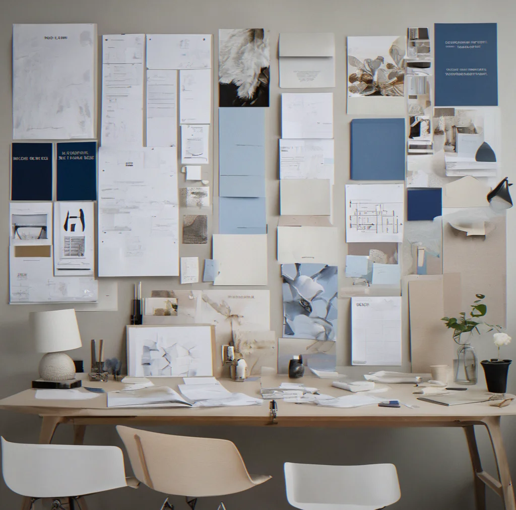 Studio wall with a mood board pinned up showing brand direction, color tests, and reference images for a luxury consultancy brand