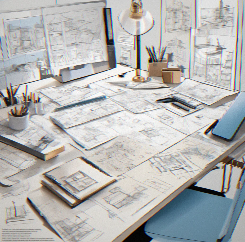 Clean desk with design notes and architectural sketches spread across the surface
