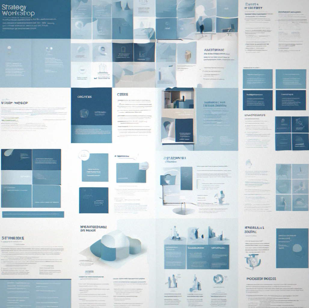 Strategy workshop materials with competitive analysis grid, audience personas and positioning statement framework