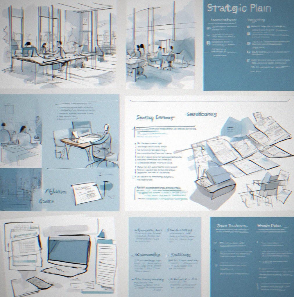 Strategic planning seession with written notes, audience mapping, and positioning framework sketches