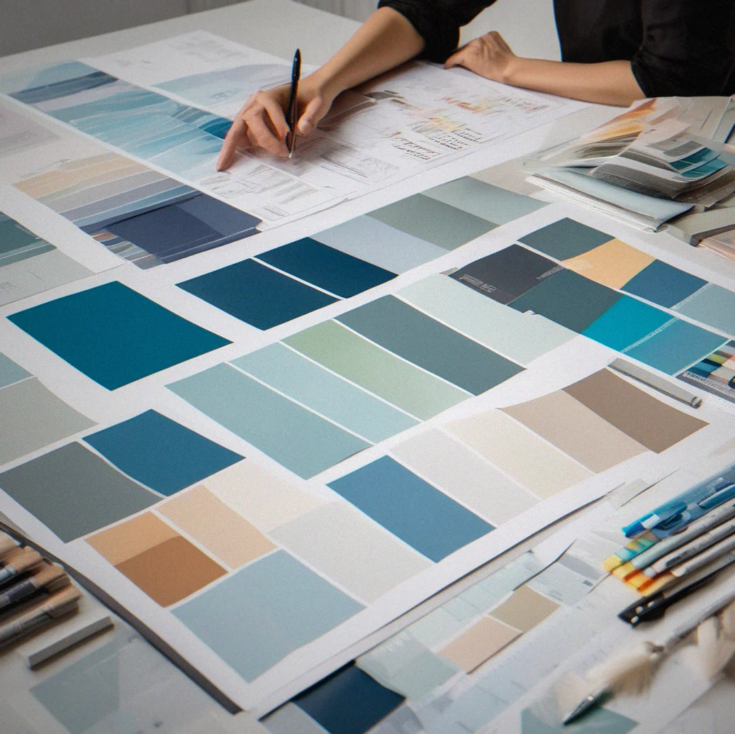 Designer looking over printed brand guidelines spread out with color swatches and font samples