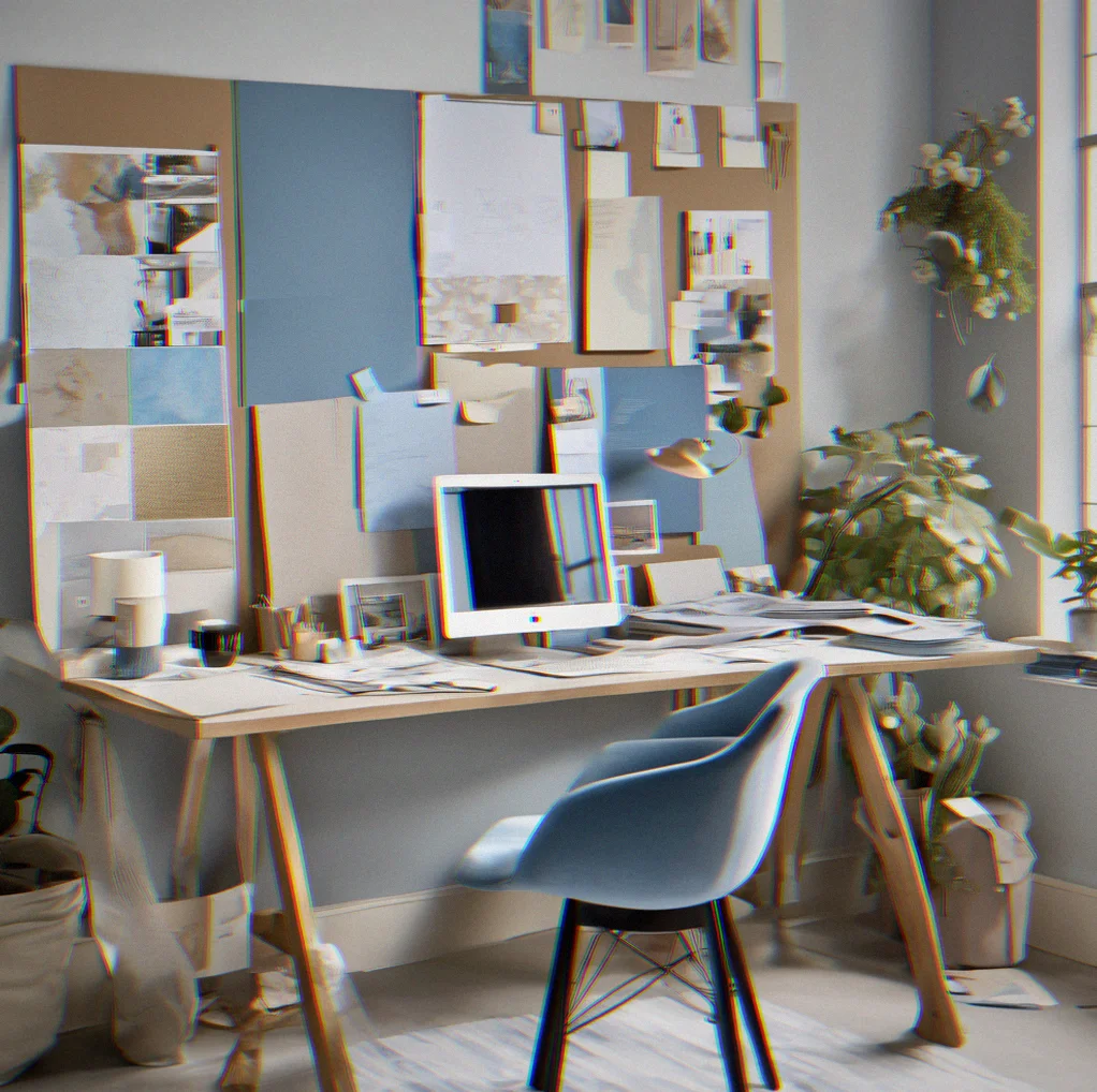 Studio workspace with mood boards tacked to the wall showing color ideas and design direction