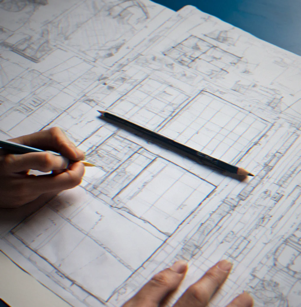 Someone sketching wireframes and layout grids by hand with a pencil and ruler on tracing paper