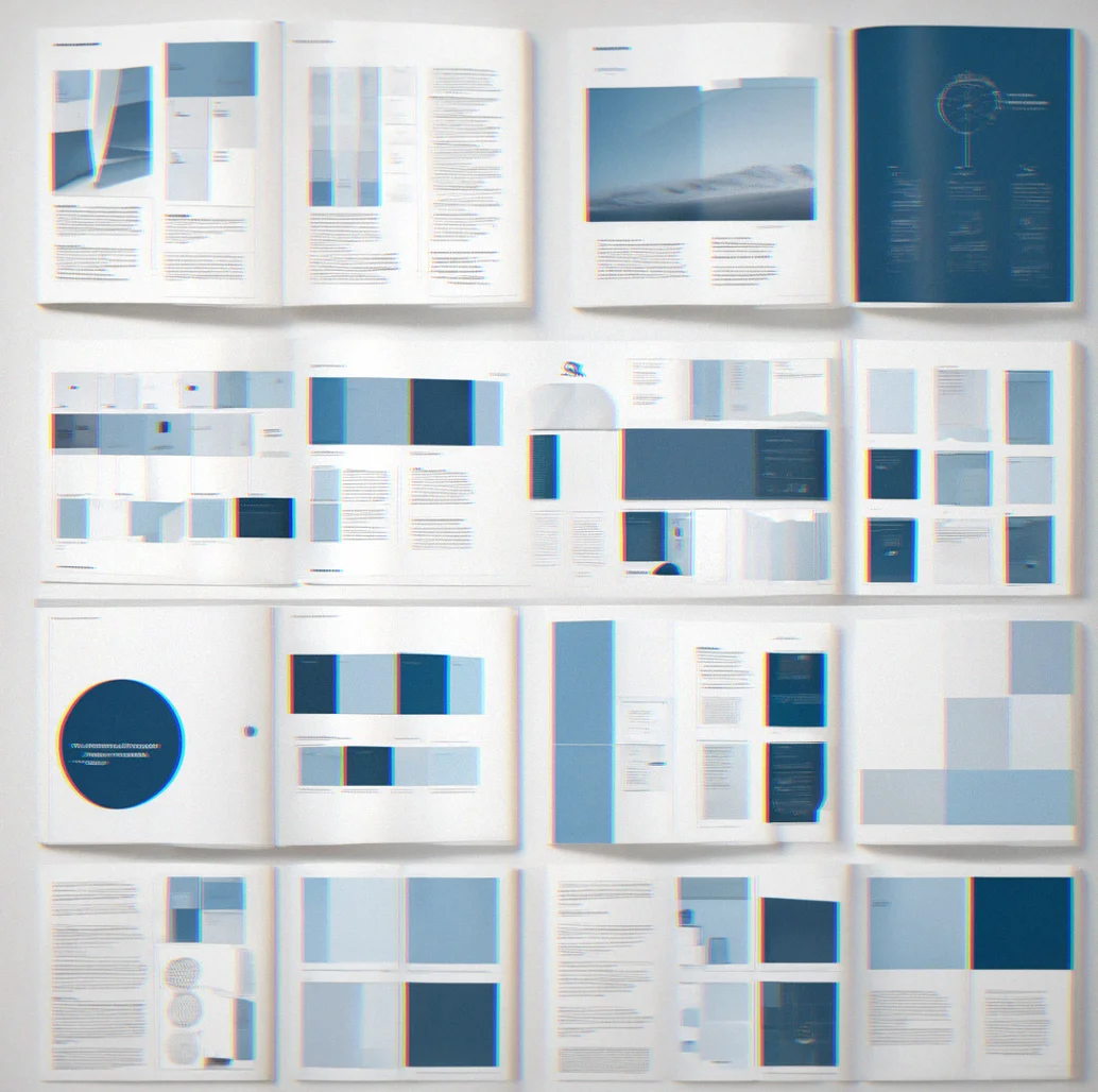 Pages from a brand system showing component parts, spacing rules and how to use everything